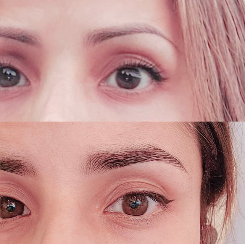 before and after picture of white woman eyelash growth from lash serum dermal essentials medical grade skincare