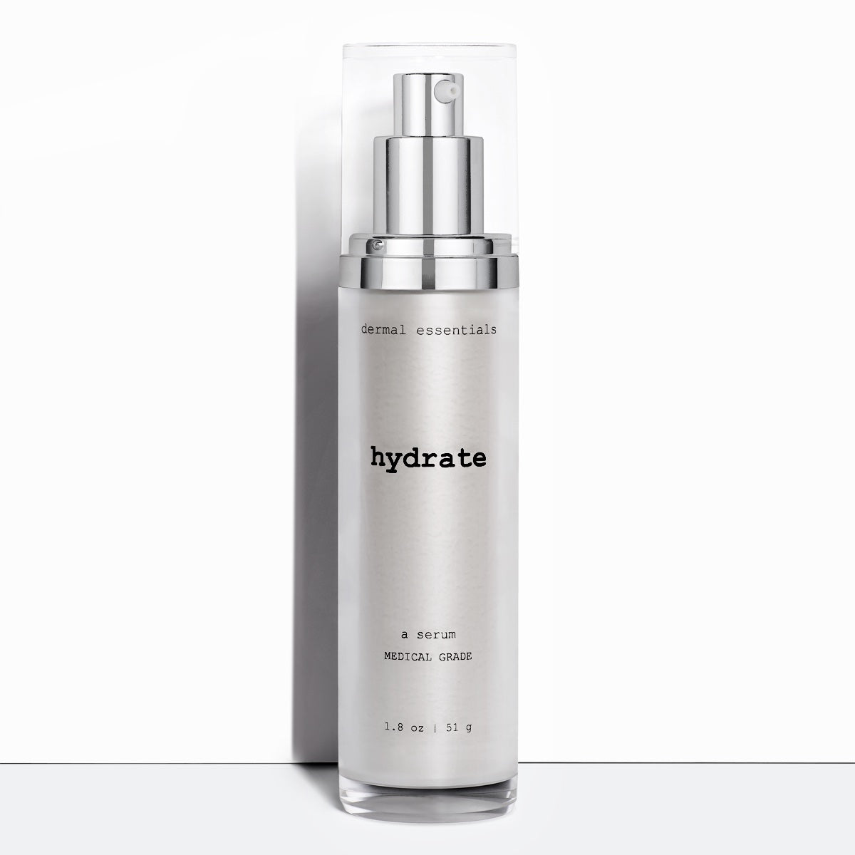 silver plastic cylinder bottle black letters silver pump clear cap hydrate oil free peptide ceramides antioxidant niacinamide facial serum moisturizer Dermal Essentials Medical Grade Skincare  