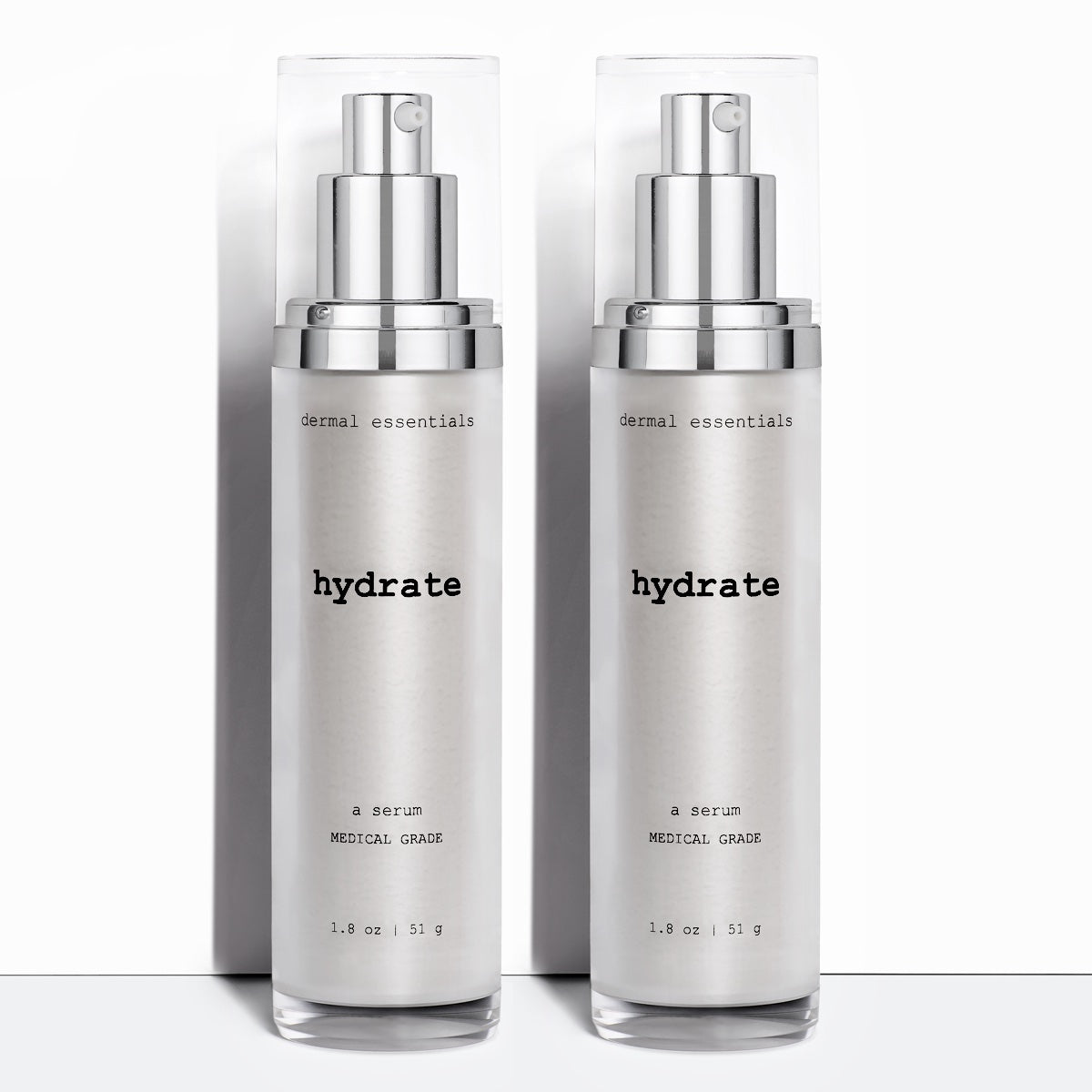 Two silver plastic cylinder bottles black letters silver pump clear cap hydrate oil free peptide ceramides antioxidant niacinamide facial serum moisturizer Dermal Essentials Medical Grade Skincare  