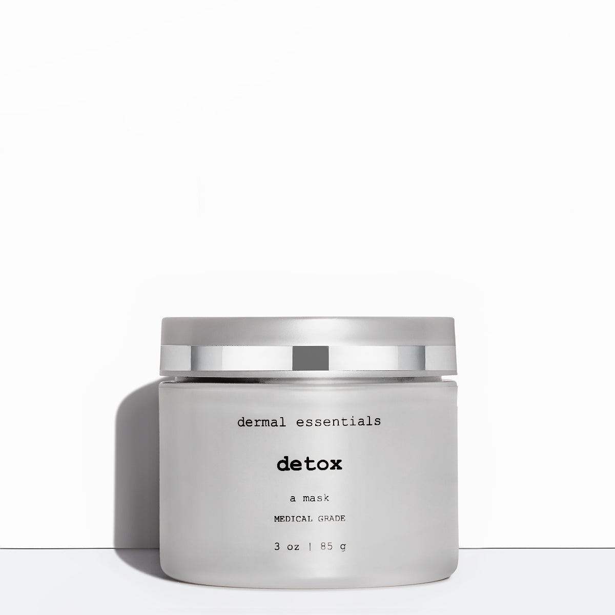 Full size 3 oz. Silver round plastic jar black letters silver round plastic twist lid. Detox is  an acne treatment sulfur mask Dermal Essentials Medical Grade Skincare. A mini size is 5 ml of this acne treatment sulfur facial skincare product  in a round clear plastic jar white label with black letters white screw lid.