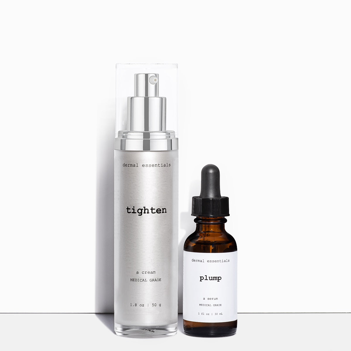 two images one silver cylinder pump bottle black letters clear plastic lid tighten anti-aging neck cream 1.8 oz. amber glass dropper bottle white label black letters plump anti-aging hyaluronic acid plumping serum 1 oz. dermal essentials medical grade skincare 