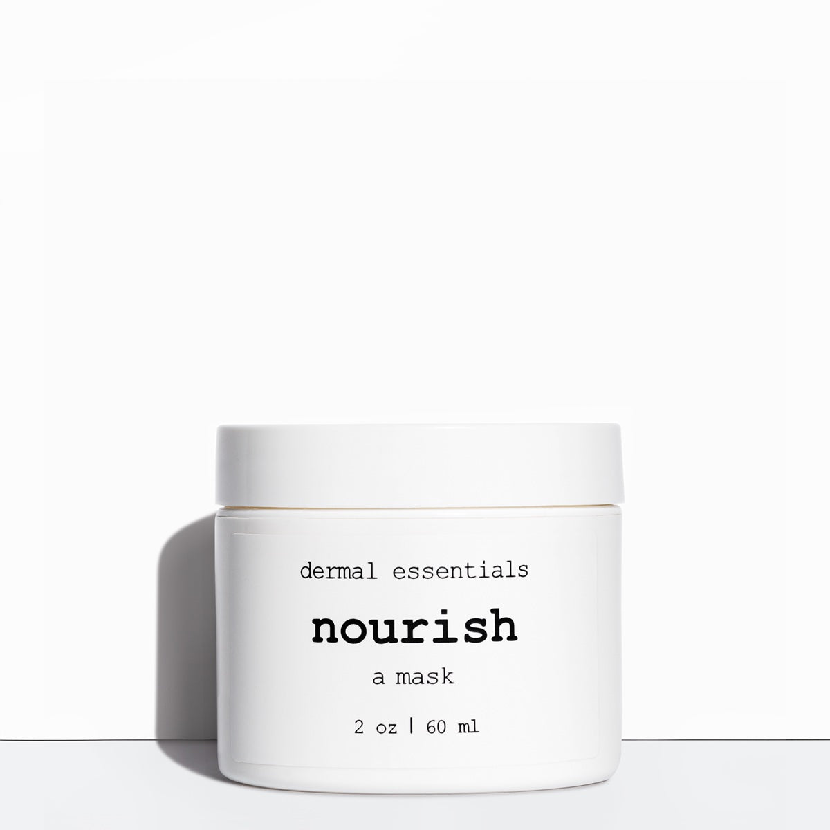 Fulll size is 2 oz. White round plastic jar black letters white round plastic twist lid. Nourish is a facial mask hydrating hyaluronic acid shea butter Dermal Essentials Medical Grade Skincare . A mini size is 5 ml of this hyaluronic facial mask skincare product in a round clear plastic jar white label with black letters white screw lid.